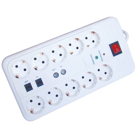 Tracon 10×SCHUKO, 3m, max.16A, 250VAC, 3680W, H05VV-F HNKTM10-3M-KT Négyzetes10-es elosztó kapcsolóval+túlfesz+ túláram+koax+tel 5997374176316