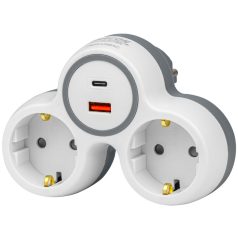   Tracon 2×SCHUKO, max.16A, 230VAC, 3680W, PP, USB-A+C:5V, 3,4A 17.0W TND2-USBAC Többférőhelyes átalakító csatlakozó, USBC+USBA, szürke+fehér 5997374105545