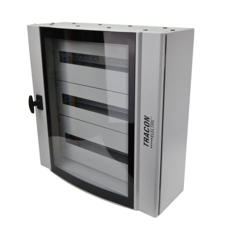 Tracon 600×600×200mm / 72M (3×24 mod) TGE606020 Ívelt biztonsági üvegajtós fémelosztószekrény 5997374217293