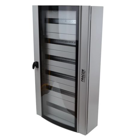 Tracon 600×1050×200mm / 144M (6×24 mod) TGE6010520 Ívelt biztonsági üvegajtós fémelosztószekrény 5997374217255