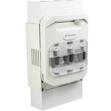 Tracon AC 400V, 250A, 100kA; AC690V, 200A, 50kA; 3P, NH1, 60mm, M10 DSH1-3-60B Vízsz. szakaszolókapcs-bizt, gyűjtősín,alsó kábelcsatl,sarus 5997374236393