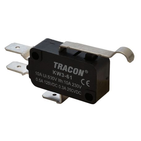 Tracon 1×CO 10A/230VAC, 0,3A/250VDC, 28mm, 6,3x0,8 mm, IP00 KW3-61 Helyzetkapcsoló, mikro, íves-rugószár 5997374132091