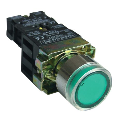 Tracon 1×NO, 3A/230V AC, 130V, IP42 NYGBW3371Z Világító nyomógomb, fémalap, előtét, zöld, glim, izzó nélk. 5997374134897