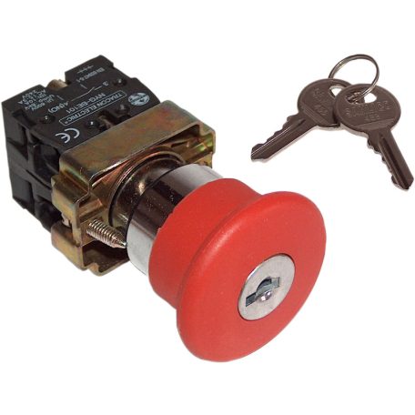 Tracon 1×NC, 3A/400V AC, IP44, d=40mm NYGBS142PT Tokozott reteszelt gombafejű vészgomb, piros, kulcsos 5997374158138