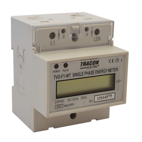 Tracon 230V / 30 (100)A Pd=1W TVO-F1-WT LCD kijelzésű 1 fázisú átfűzős fogyasztásmérő, közvetlen 5997374199094