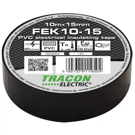 Tracon 10m×15mm, PVC, 0-90°C, 40kV/mm FEK10-15 Szigetelőszalag, fekete 5997374119504