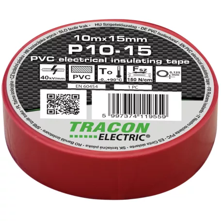 Tracon 10m×15mm, PVC, 0-90°C, 40kV/mm P10-15 Szigetelőszalag, piros 5997374119559