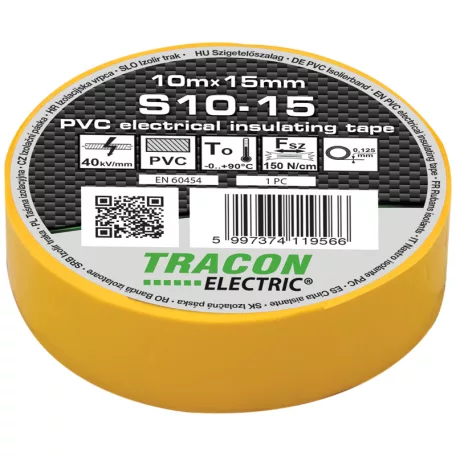 Tracon 10m×15mm, PVC, 0-90°C, 40kV/mm S10-15 Szigetelőszalag, sárga 5997374119566