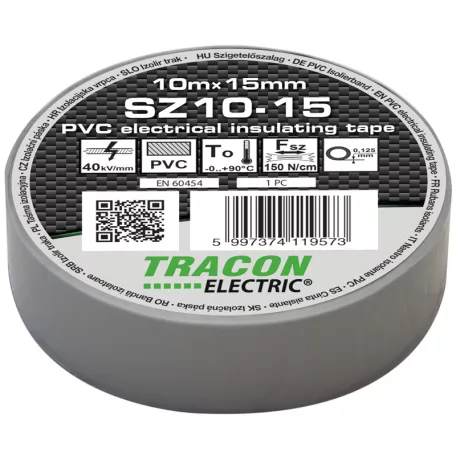 Tracon 10m×15mm, PVC, 0-90°C, 40kV/mm SZ10-15 Szigetelőszalag, szürke 5997374119573