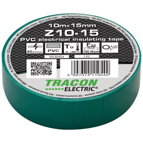 Tracon 10m×15mm, PVC, 0-90°C, 40kV/mm Z10-15 Szigetelőszalag, zöld 5997374119542