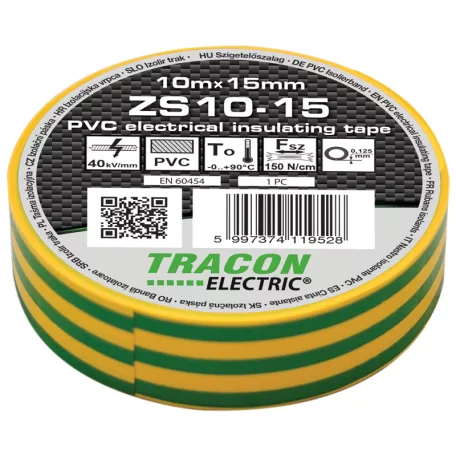Tracon 10m×15mm, PVC, 0-90°C, 40kV/mm ZS10-15 Szigetelőszalag, zöld/sárga 5997374119528
