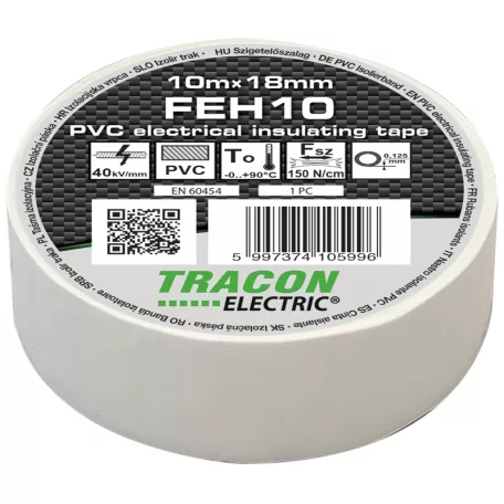 Tracon 10m×18mm, PVC, 0-90°C, 40kV/mm FEH10 Szigetelőszalag, fehér 5997374105996
