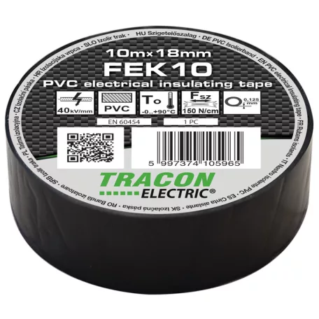 Tracon 10m×18mm, PVC, 0-90°C, 40kV/mm FEK10 Szigetelőszalag, fekete 5997374105965