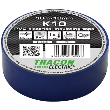 Tracon 10m×18mm, PVC, 0-90°C, 40kV/mm K10 Szigetelőszalag, kék 5997374105972