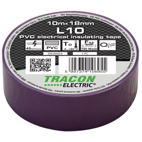Tracon 10m×18mm, PVC, 0-90°C, 40kV/mm L10 Szigetelőszalag, lila 5997374106955