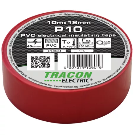 Tracon 10m×18mm, PVC, 0-90°C, 40kV/mm P10 Szigetelőszalag, piros 5997374106016