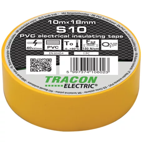 Tracon 10m×18mm, PVC, 0-90°C, 40kV/mm S10 Szigetelőszalag, sárga 5997374106023