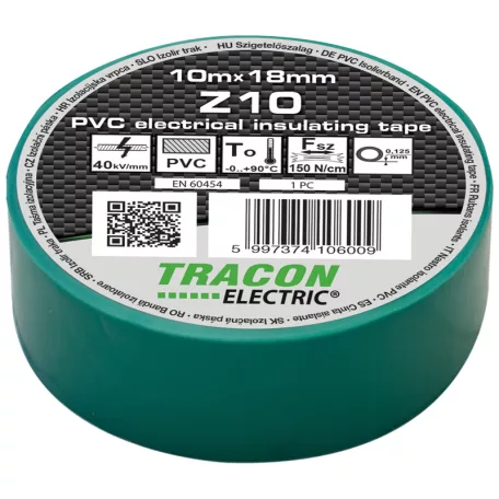 Tracon 10m×18mm, PVC, 0-90°C, 40kV/mm Z10 Szigetelőszalag, zöld 5997374106009