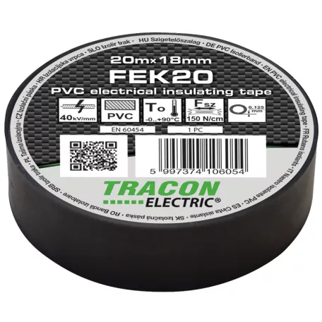 Tracon 20m×18mm, PVC, 0-90°C, 40kV/mm FEK20 Szigetelőszalag, fekete 5997374106054