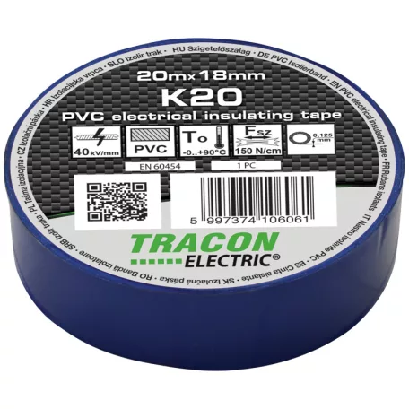 Tracon 20m×18mm, PVC, 0-90°C, 40kV/mm K20 Szigetelőszalag, kék 5997374106061