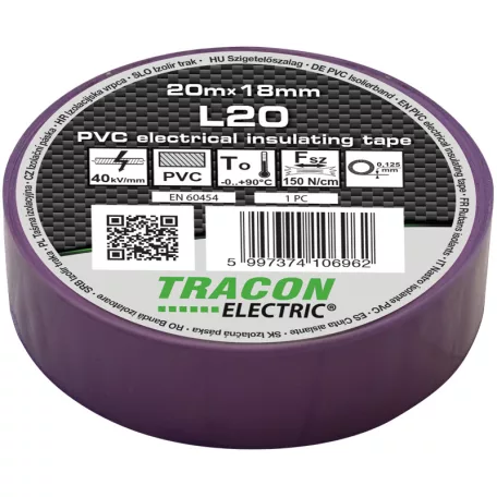 Tracon 20m×18mm, PVC, 0-90°C, 40kV/mm L20 Szigetelőszalag, lila 5997374106962