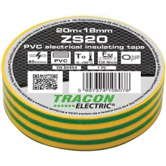   Tracon 20m×18mm, PVC, 0-90°C, 40kV/mm ZS20 Szigetelőszalag, zöld/sárga 5997374106078