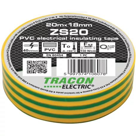 Tracon 20m×18mm, PVC, 0-90°C, 40kV/mm ZS20 Szigetelőszalag, zöld/sárga 5997374106078