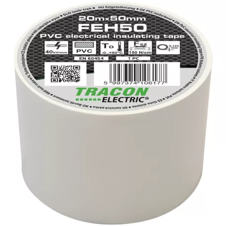 Tracon 20m×50mm, PVC, 0-90°C, 40kV/mm FEH50 Szigetelőszalag, fehér 5997374106177