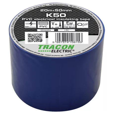 Tracon 20m×50mm, PVC, 0-90°C, 40kV/mm K50 Szigetelőszalag, kék 5997374106153