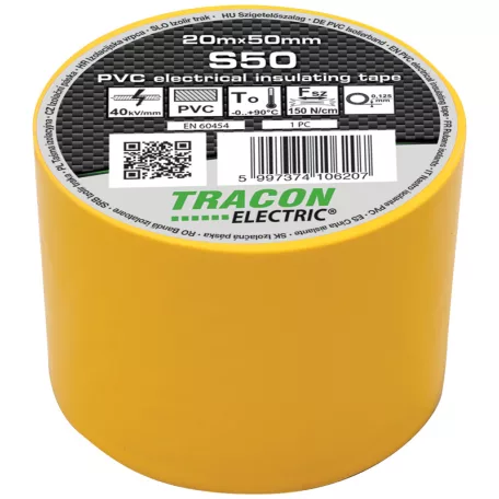 Tracon 20m×50mm, PVC, 0-90°C, 40kV/mm S50 Szigetelőszalag, sárga 5997374106207