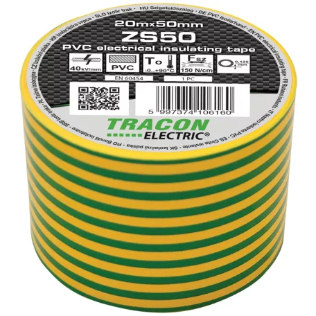 Tracon 20m×50mm, PVC, 0-90°C, 40kV/mm ZS50 Szigetelőszalag, zöld-sárga 5997374106160