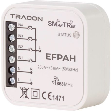 Tracon 230 V, 50 Hz, 868.32 MHz, 250 m EFPAH Rádiós jeladó, 4 csatornás, szerelvény dobozba 5997374179201