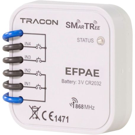Tracon 3 VDC, 868,32 Mhz, 250 m EFPAE Rádiós jeladó, 4 csatornás, szerelvény dobozba, elemes 5997374179218