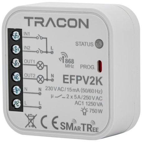 Tracon 230 V, 50 Hz, 2x5 A, 2 NO, 868.32 MHz EFPV2K Rádiós jelvevő egység, szerelvénydobozba,2 csat.,kapcsolóhoz 5997374190268