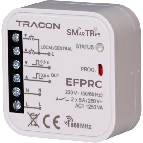 Tracon 230 V, 50 Hz, 2x5 A, 2 NO, 868.32 MHz EFPRC Rádiós zsaluvezérlő, szerelvénydobozba, helyi/központi 5997374104937