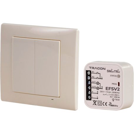 Tracon 230 V, 50 Hz, 2x5 A, 2 NO, 868.32 MHz EFSV2 Vezeték nélküli vezérlő készlet, 2 csatornás, fali nyomógomb 5997374192613