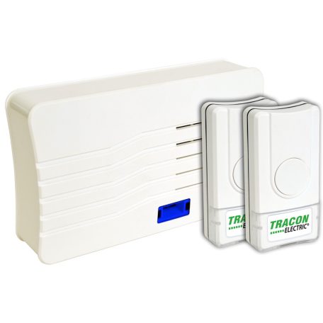 Tracon 3×AA, 1×CR2032, IP44, 100m, 10 music BELLW2-2V1 Vezeték nélküli csengő, téglalap alakú, 2 adó, 1 vevő 5997374215770