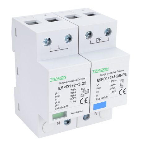 Tracon Uc:275V; Iimp:25/100kA; In:25/100kA; Uoc:20kV; Up:1,3kV; 1+1 ESPD1+2+3-25-1+1P T1+T2+T3 AC típusú túlfeszültség levezető, egybeépített 5997374222266