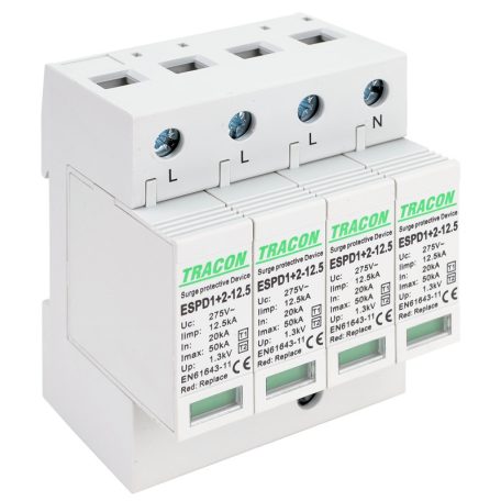 Tracon Uc:275V; Iimp:12,5kA; In:20kA; Imax:50kA; Up:1,3kV; 4P ESPD1+2-12.5-4P T1+T2 AC típusú túlfeszültséglevezető, cserélhető betéttel 5997374222372