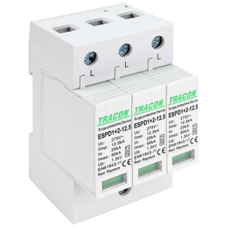 Tracon Uc:275V; Iimp:12,5kA; In:20kA; Imax:50kA; Up:1,3kV; 3P ESPD1+2-12.5-3P T1+T2 AC típusú túlfeszültséglevezető, cserélhető betéttel 5997374222365