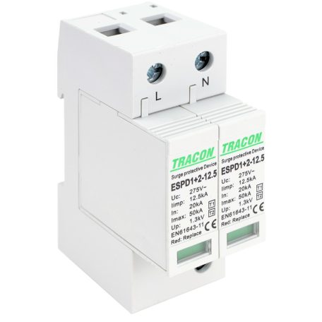 Tracon Uc:275V; Iimp:12,5kA; In:20kA; Imax:50kA; Up:1,3kV; 2P ESPD1+2-12.5-2P T1+T2 AC típusú túlfeszültséglevezető, cserélhető betéttel 5997374222341