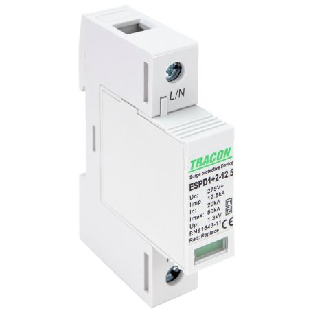 Tracon Uc:275V; Iimp:12,5kA; In:20kA; Imax:50kA; Up:1,3kV; 1P ESPD1+2-12.5-1P T1+T2 AC típusú túlfeszültséglevezető, cserélhető betéttel 5997374222334