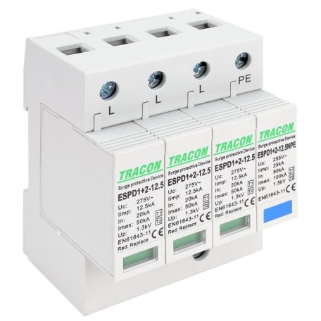 Tracon Uc:275V; Iimp:12,5kA; In:20/40kA; Imax:50kA; Up:1,3kV; 3+1P ESPD1+2-12.5-3+1P T1+T2 AC típusú túlfeszültséglevezető, cserélhető betéttel 5997374222358