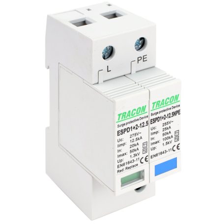 Tracon Uc:275V; Iimp:12,5kA; In:20/40kA; Imax:50kA; Up:1,3kV; 1+1P ESPD1+2-12.5-1+1P T1+T2 AC típusú túlfeszültséglevezető, cserélhető betéttel 5997374222327