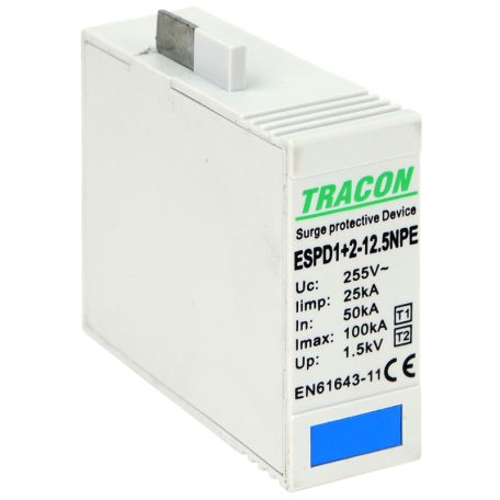 Tracon Uc:275V; Iimp:12,5kA; In:20/40kA; Imax:50kA; Up:1,3kV ESPD1+2-12.5NPE T1+T2 AC típusú túlfeszültséglevezető betét 12.5 NPE 5997374222396