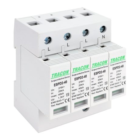 Tracon Uc:275V; In:20kA; Imax:40kA; Up:1,3kV; 4P ESPD2-40-4P T2 AC típusú túlfeszültség levezető, cserélhető betéttel 5997374222570