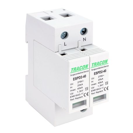 Tracon Uc:275V; In:20kA; Imax:40kA; Up:1,3kV; 2P ESPD2-40-2P T2 AC típusú túlfeszültség levezető, cserélhető betéttel 5997374222549