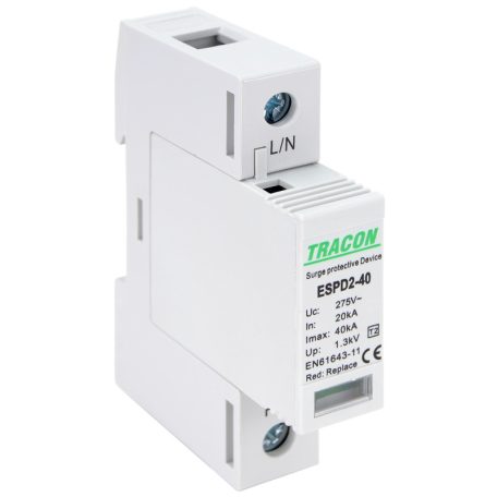 Tracon Uc:275V; In:20kA; Imax:40kA; Up:1,3kV; 1P ESPD2-40-1P T2 AC típusú túlfeszültség levezető, cserélhető betéttel 5997374222532