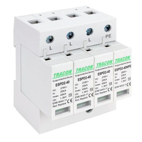Tracon Uc:275/255V; In:20kA; Imax:40kA; Up:1,3/1,5kV; 3+1P ESPD2-40-3+1P T2 AC típusú túlfeszültség levezető, cserélhető betéttel 5997374222556