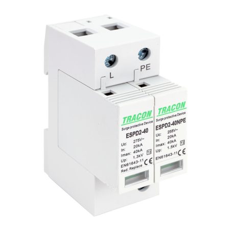 Tracon Uc:275/255V; In:20kA; Imax:40kA; Up:1,3/1,5kV; 1+1P ESPD2-40-1+1P T2 AC típusú túlfeszültség levezető, cserélhető betéttel 5997374222525
